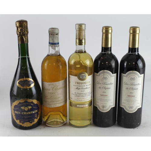 550 - Wine. Five various bottles of wine, comprising Chateau Climens 1964; Joly Champagne 2002; Les Tourel... 