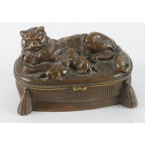 560 - Brass trinket box, with a cat and kittens to lid, signed to side (faded), manuscript note to base li... 