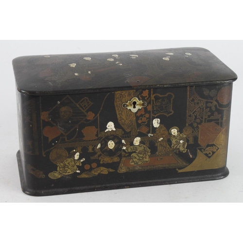 566 - Chinese tea caddy, with figural decoration, two internal lids, height 11cm, width 22cm, depth 12cm a... 