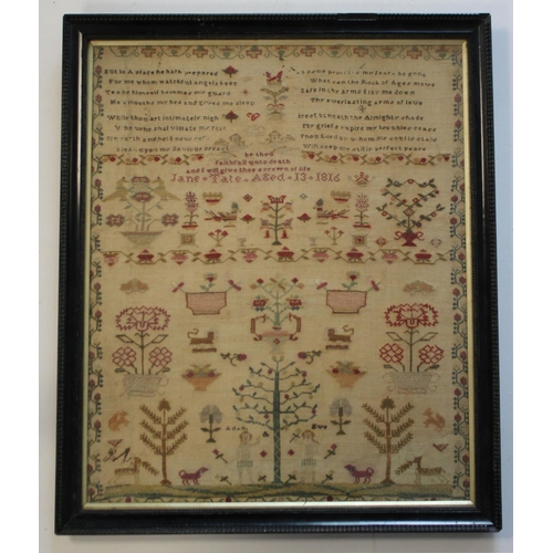 612 - Sampler. A large elborately decorated George III sampler, by 'Jane Tate, Aged 13, 1816', decorated w... 