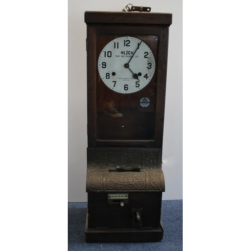 623 - Time Clock. Blick Recording Co. oak cased clocking on machine, height 98cm, width 34cm, 29cm approx.... 