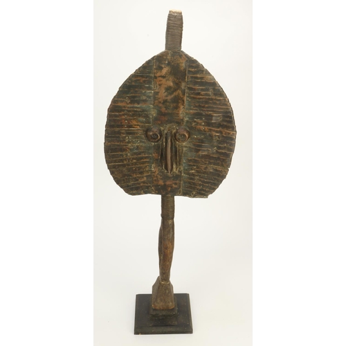 627 - Tribal Kota Mask (Gabon) mahongue reliquary.  Abstract wooden figural sculpture encased in copper st... 