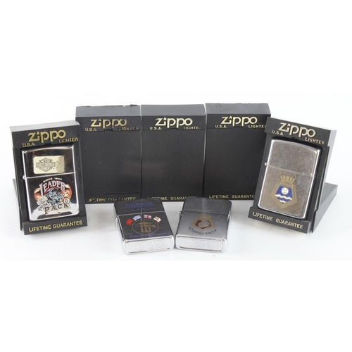 633 - Zippo. Seven mostly cased Zippo lighters, including Leader of the Pack, Phoebe, Snap On, Civil War 1... 