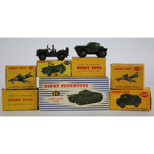 94 - Dinky Toys. Seven boxed Dinky Military models, including Centurion Tank (no. 651); Field Artillery T... 