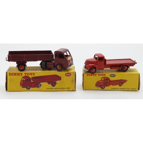 99 - Dinky Toys. Two boxed Dinky models, comprising no. 421 'Electric Articulated Lorry' (red); no. 422 '... 