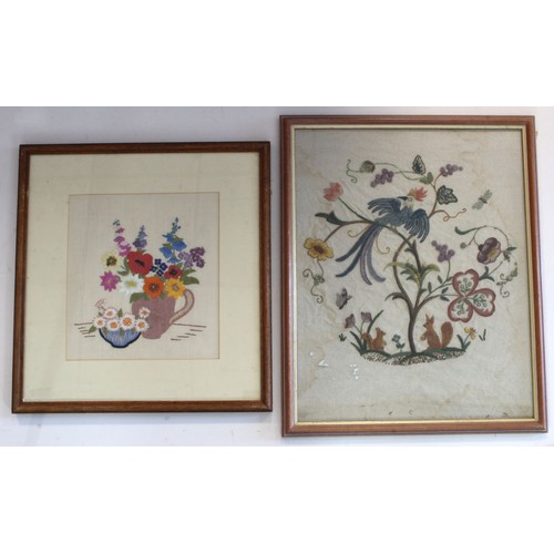 618 - Tapestries. Two tapestries, one depicting two squirrels, a bird and flowers (39cm x 50cm approx.), t... 