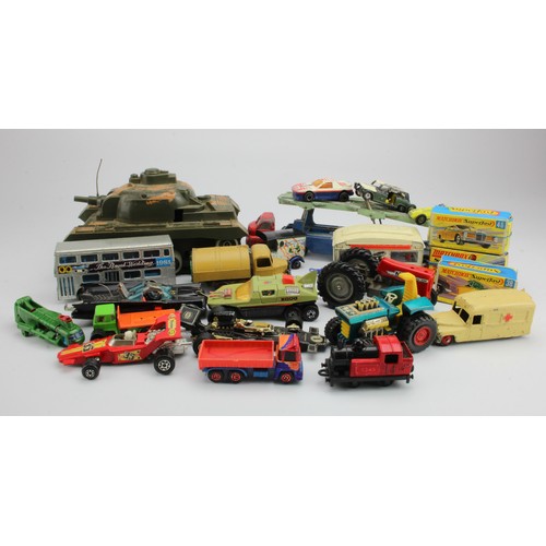 63 - Diecast. A collection of mostly diecast model toys, including, Dinky, Corgi, Matchbox, etc.