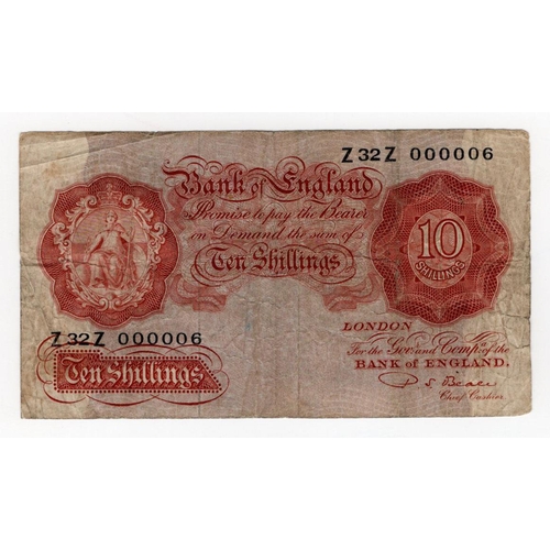 100 - Beale 10 Shillings (B266) issued 1950, scarce VERY LOW number FIRST series note, serial Z32Z 000006 ... 