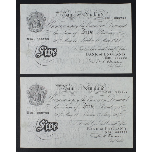 103 - Beale 5 Pounds (B270) dated 17th May 1949 (2), a consecutively numbered pair from a group of 8 conse... 