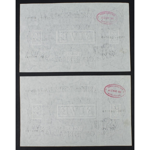 103 - Beale 5 Pounds (B270) dated 17th May 1949 (2), a consecutively numbered pair from a group of 8 conse... 