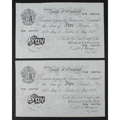 104 - Beale 5 Pounds (B270) dated 17th May 1949 (2), a consecutively numbered pair from a group of 8 conse... 