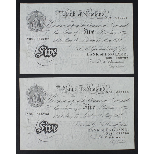 105 - Beale 5 Pounds (B270) dated 17th May 1949 (2), a consecutively numbered pair from a group of 8 conse... 