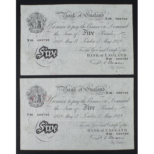 106 - Beale 5 Pounds (B270) dated 17th May 1949 (2), a consecutively numbered pair from a group of 8 conse... 