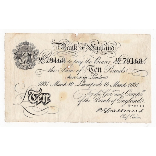 115 - Catterns 10 Pounds (B229e) dated 10th March 1931, very rare LIVERPOOL branch note, serial 131/V 7916... 