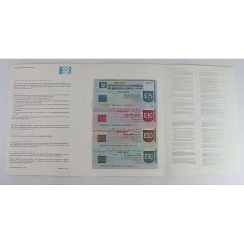 12 - Co-operative Bank SPECIMEN Travellers Cheques (25), 10 Pounds 1948 issue, 20, 10, 5 and 2 Pounds 195... 