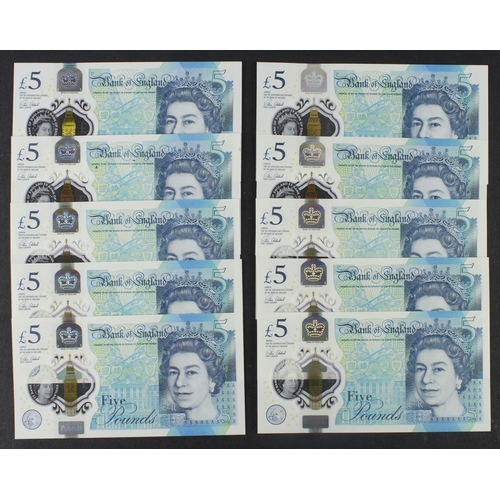 120 - Cleland 5 Pounds (B414) issued 2016 (10), a group of '01' prefixes, a full set of all prefixes issue... 