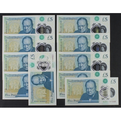 120 - Cleland 5 Pounds (B414) issued 2016 (10), a group of '01' prefixes, a full set of all prefixes issue... 