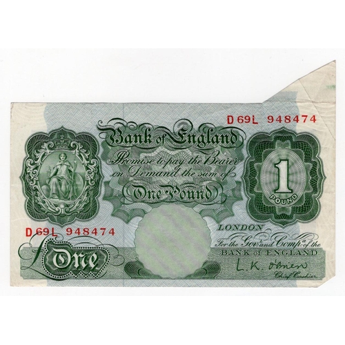 129 - ERROR O'Brien 1 Pound issued 1955, extra paper at top right, serial D69L 948474 (B271, Pick368c) VF