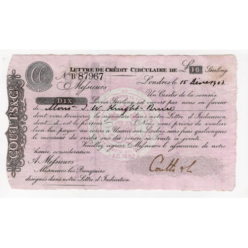 13 - Coutts & Co., 10 Pounds Circular Letter of Credit dated 1903, a rare issued example, these usually o... 