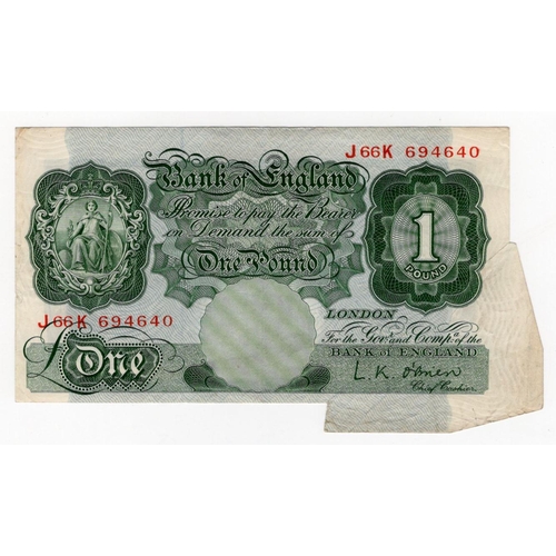 132 - ERROR O'Brien 1 Pound issued 1955, rare FISHTAIL extra paper error at bottom and right, serial J66K ... 