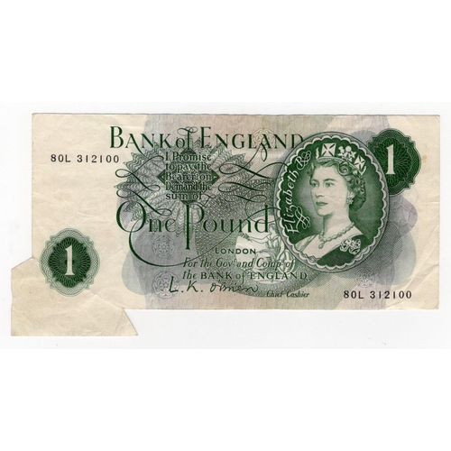 134 - ERROR O'Brien 1 Pound issued 1960, rare FISHTAIL extra paper error at bottom left, serial 80L 312100... 