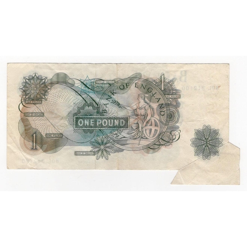 134 - ERROR O'Brien 1 Pound issued 1960, rare FISHTAIL extra paper error at bottom left, serial 80L 312100... 