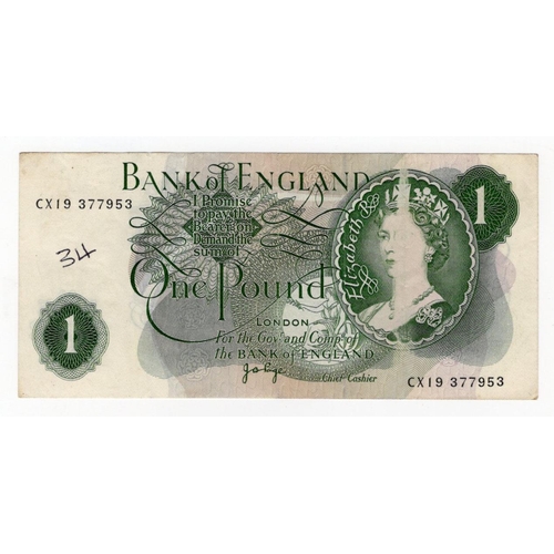 138 - ERROR Page 1 Pound issued 1970, large vertical unprinted area covering part of Queen Elizabeth's fac... 