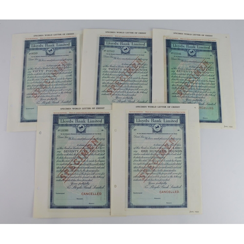 21 - Lloyds Bank Limited SPECIMEN Letters of Credit, Letters of Indication and Travellers Cheques 1950's ... 