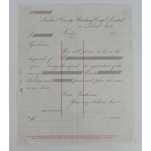 22 - London & County Banking Company Limited SPECIMEN Letter of Credit handwritten date 30.10.1893, perfo... 