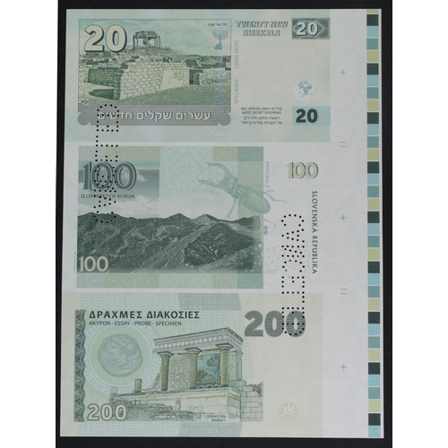 34 - Test Note, an uncut sheet of 3 notes, Israel 20 Shekels Ziva David 'Mossad banknote' on front Archeo... 