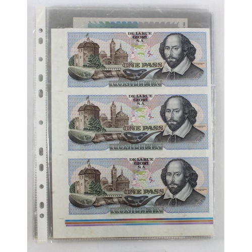 37 - Test/Advertising Notes (29), including an uncut sheet of 3 De La Rue Giori One Pass, De La Rue 5 Ene... 