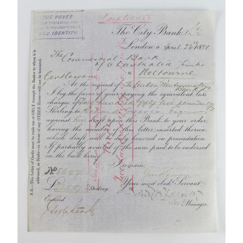 39 - The City Bank Limited Letter of Credit for £255.17 dated 23rd April 1881, incorporated in 1880 this ... 