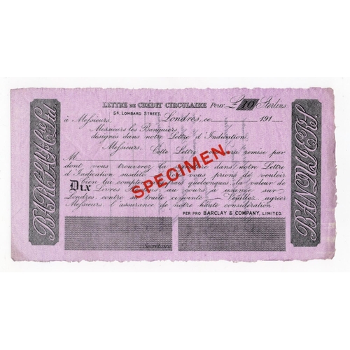 4 - Barclays & Co Limited SPECIMEN 10 Pounds circular note 191x issue, Lettre de Credit Circulaire, EF a... 