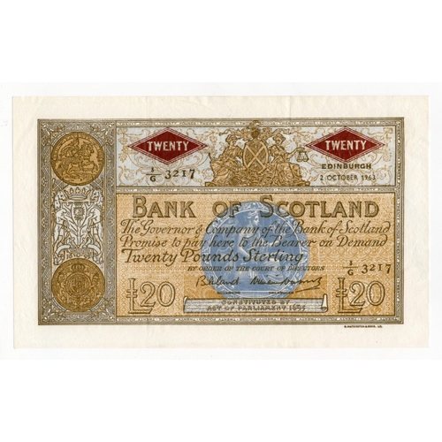 494 - Scotland, Bank of Scotland 20 Pounds dated 2nd October 1963, signed Bilsland & Watson, serial 3/G 32... 