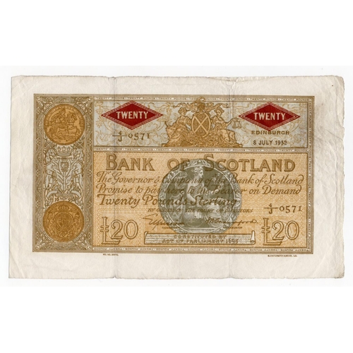 495 - Scotland, Bank of Scotland 20 Pounds dated 8th July 1952, signed Elphinstone & J.B. Crawford, serial... 