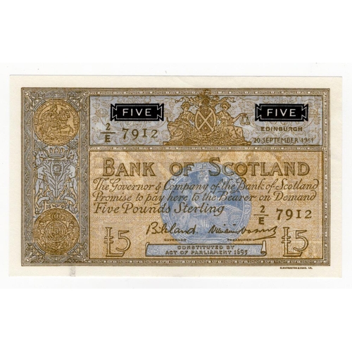 496 - Scotland, Bank of Scotland 5 Pound dated 20th September 1961, signed Lord Bilsland & William Watson,... 