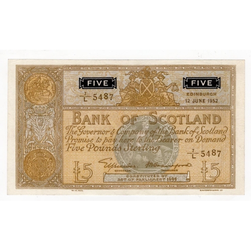 497 - Scotland, Bank of Scotland 5 Pounds dated 12th June 1952, signed Lord Elphinstone & William Watson, ... 