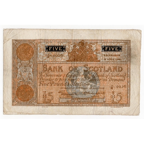 498 - Scotland, Bank of Scotland 5 Pounds dated 19th April 1943, early date signed Lord Elphinstone & J.B.... 