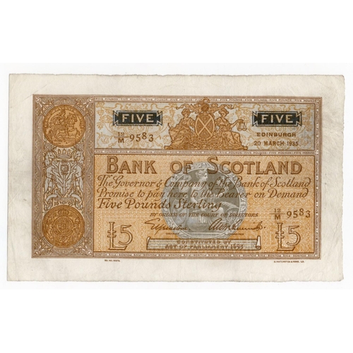 500 - Scotland, Bank of Scotland 5 Pounds dated 20th March 1935, early date signed Lord Elphinstone & A.W.... 