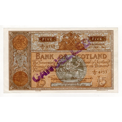 501 - Scotland, Bank of Scotland 5 Pounds dated 21st January 1945, a rare Stanley Curister ESSAY, signed L... 