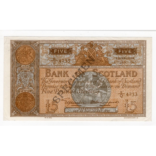 502 - Scotland, Bank of Scotland 5 Pounds dated 21st January 1945, SPECIMEN Note, signed Lord Elphinstone ... 