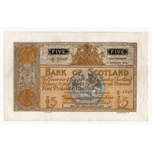 504 - Scotland, Bank of Scotland 5 Pounds dated 3rd January 1940, early date signed Lord Elphinstone & J.W... 