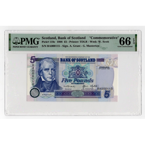 507 - Scotland, Bank of Scotland, 5 Pounds dated 5th August 1998, a FIRST RUN note with very LOW serial nu... 