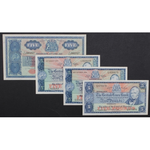 510 - Scotland, British Linen Bank (4), 5 Pounds dated 10th April 1957, 5 Pounds dated 20th October 1962, ... 