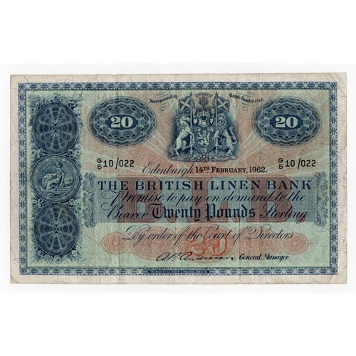 513 - Scotland, British Linen Bank 20 Pounds dated 14th February 1962, signed A.P. Anderson, serial G/5 10... 