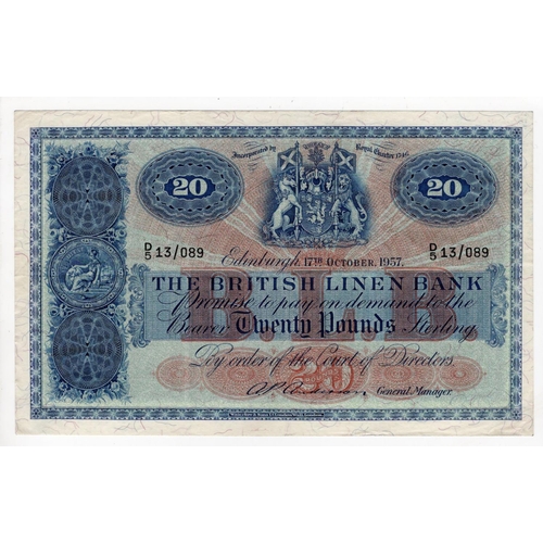 514 - Scotland, British Linen Bank 20 Pounds dated 17th October 1957, signed A.P. Anderson, serial D/5 13/... 