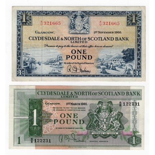 516 - Scotland, Clydesdale & North of Scotland Bank (2), 1 Pound dated 1st November 1960, signed R.D. Fair... 