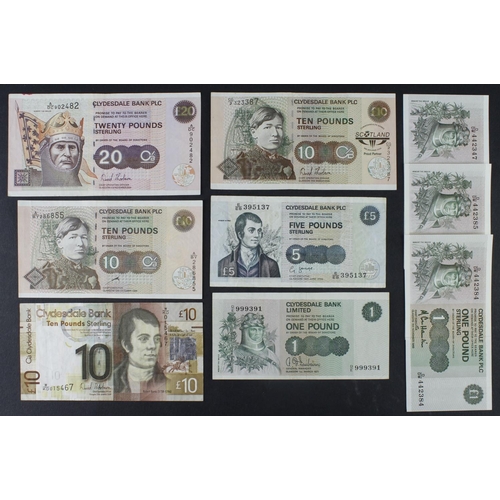 518 - Scotland, Clydesdale Bank (9), 20 Pounds dated 2004, 10 Pounds (3) dated 1999, 2006 and 2009, 5 Poun... 