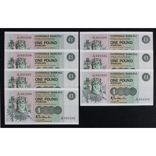 519 - Scotland, Clydesdale Bank 1 Pound (7) dated 9th November 1988, a consecutively numbered run of LAST ... 