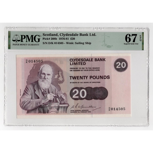 523 - Scotland, Clydesdale Bank 20 Pounds dated 2nd February 1976, Lord Kelvin portrait at left, signed A.... 